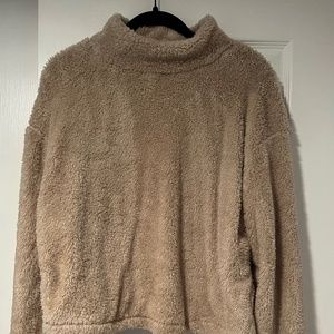 Tan Sherpa High Neck Drop Shoulder Sweatshirt Size Small